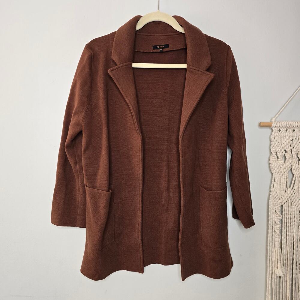 Quince 100% Organic Cotton Knit Blazer Cappuccino Brown Open Front Size M Medium